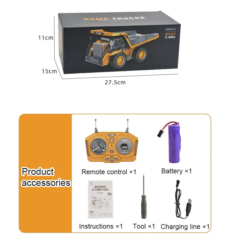 Camión volquete de aleación 1:24 9CH RC, vehículo de ingeniería, carretilla elevadora, excavadora pesada, coche de Control remoto, juguetes para niños, regalos