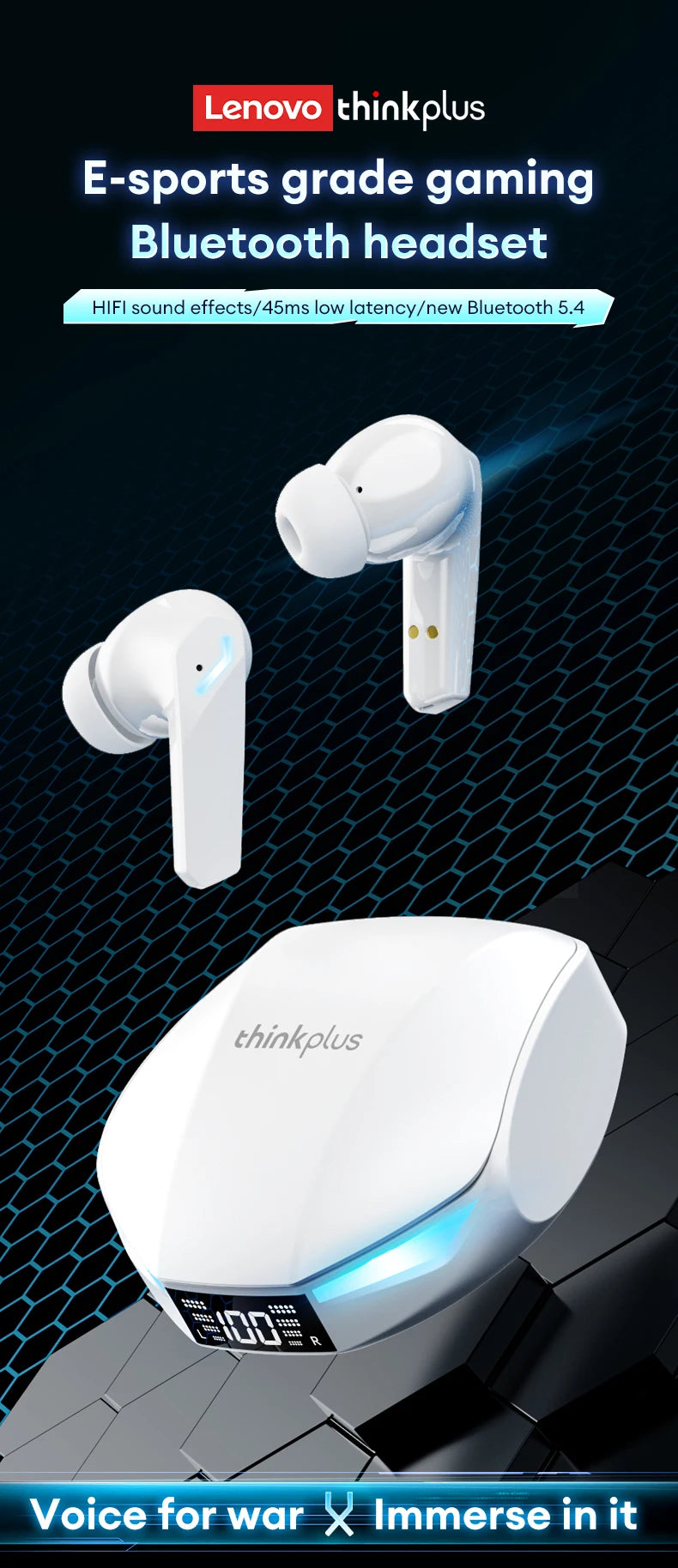 Nuevo Lenovo GM2 PRO MAX auriculares inalámbricos Bluetooth 5,4 pantalla Digital LED auriculares impermeables con cancelación de ruido auriculares para juegos