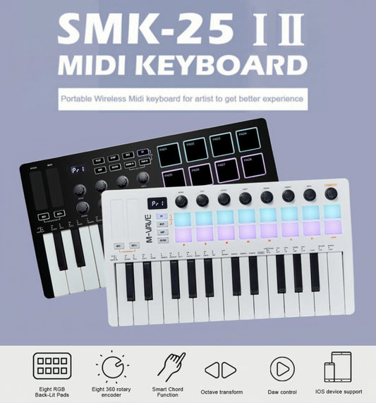 Controlador MIDI Teclado USB Mini 25 teclas, 16 almohadillas de batería RGB, 8 perillas y producción musical, software incluido, M-VAVE SMK-25 II