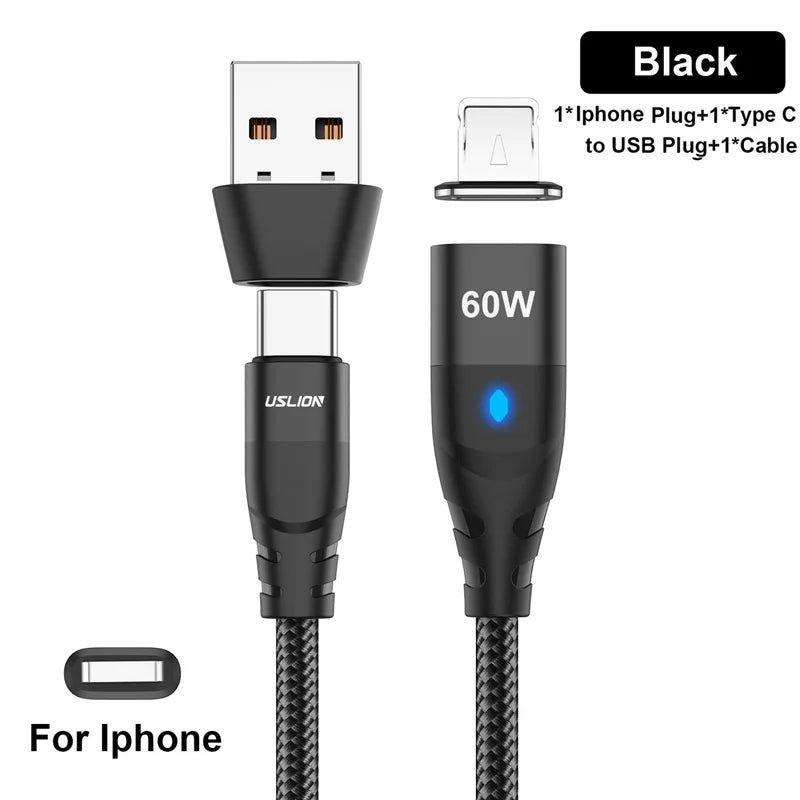 USLION 60W PD Cable cargador rápido USB C a tipo C Cable de datos micro magnético 3A Cable USB para iPhone 13 Macbook Huawei Samsung S22