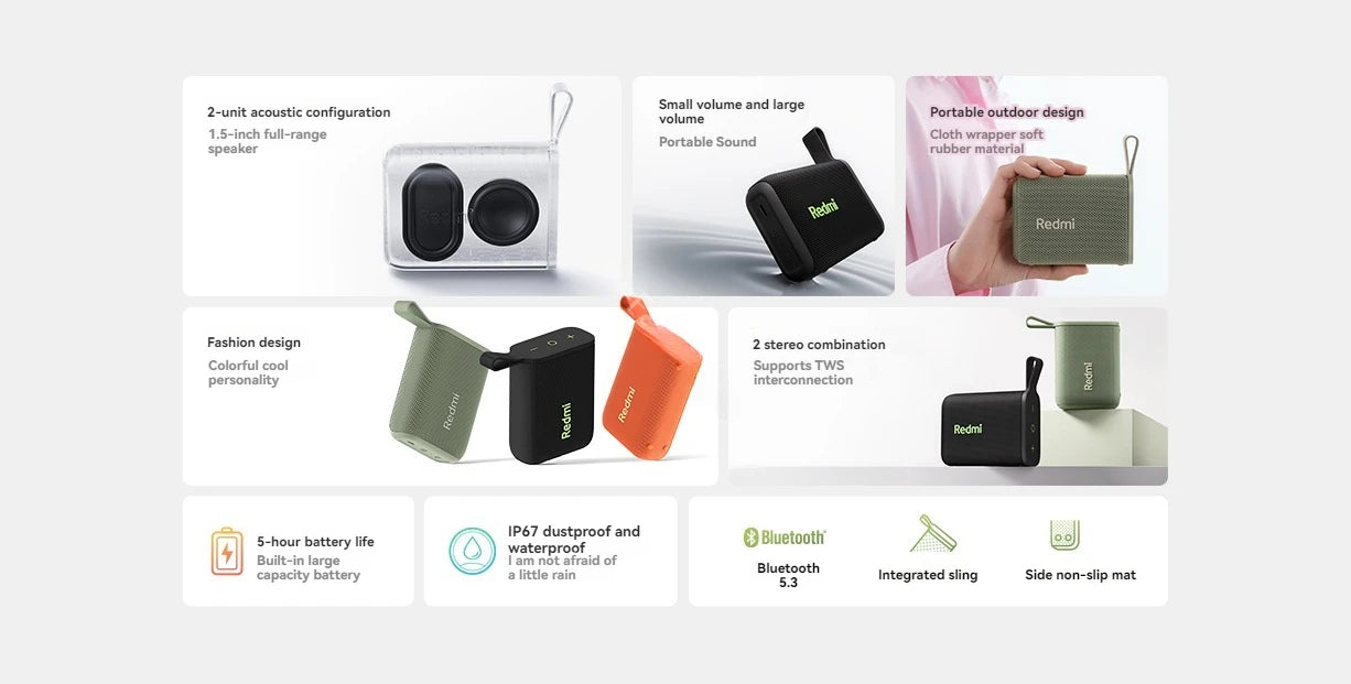 Xiaomi Redmi Altavoz Bluetooth portátil al aire libre IP67 estéreo potente caja de sonido BT5.3 RGB doble emparejamiento TWS conectividad colorida
