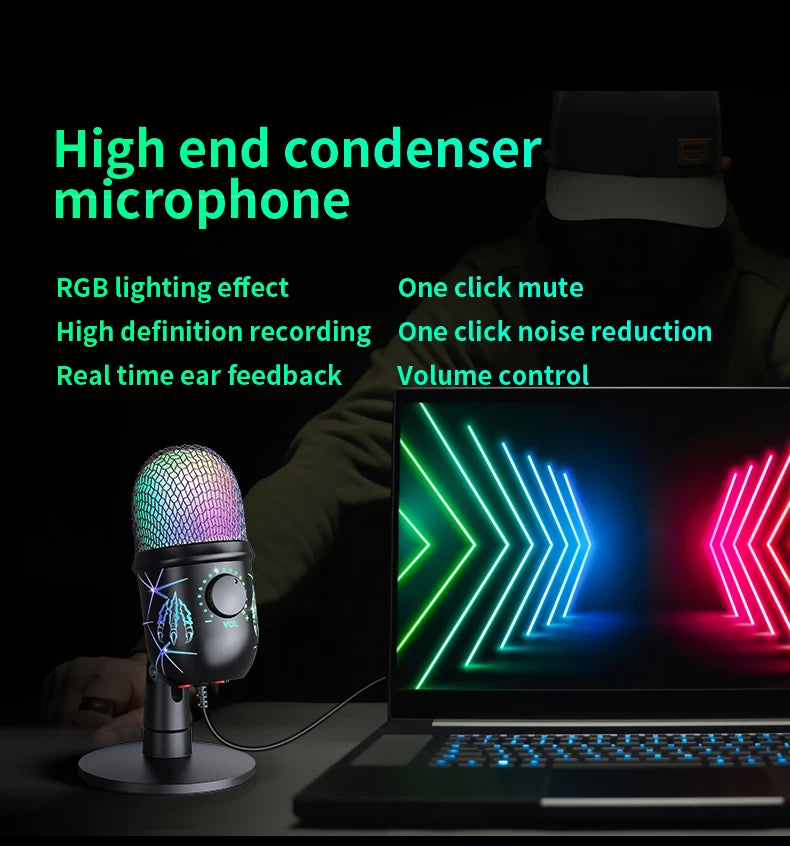 Micrófono USB para juegos, micrófono para PC, Mac, PS4/5, micrófono de Podcast con Monitor silencioso RGB, reducción de ruido para grabar Streaming
