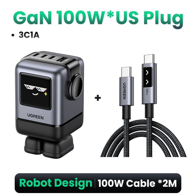 Cargador Robot Uno 100W GaN, cargador QC4.0 3,0 PPS para iPhone 16, 15, 14 Pro, Macbook, tableta, carga rápida