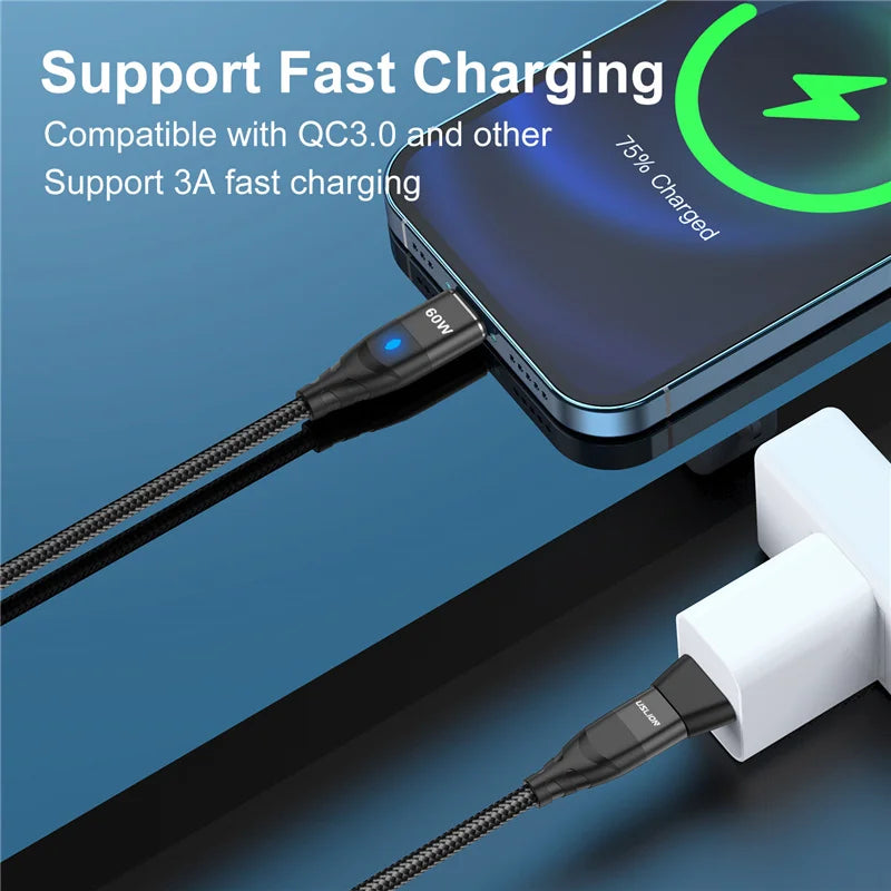 USLION 60W PD Cable cargador rápido USB C a tipo C Cable de datos micro magnético 3A Cable USB para iPhone 13 Macbook Huawei Samsung S22