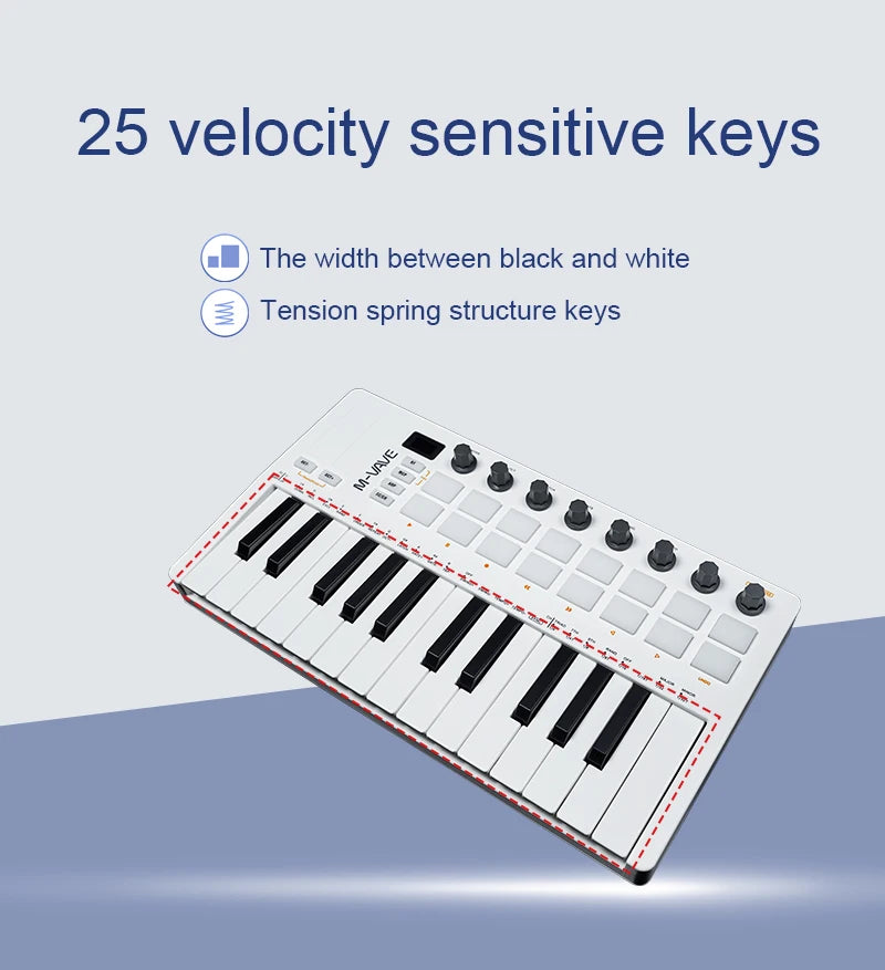 Controlador MIDI Teclado USB Mini 25 teclas, 16 almohadillas de batería RGB, 8 perillas y producción musical, software incluido, M-VAVE SMK-25 II