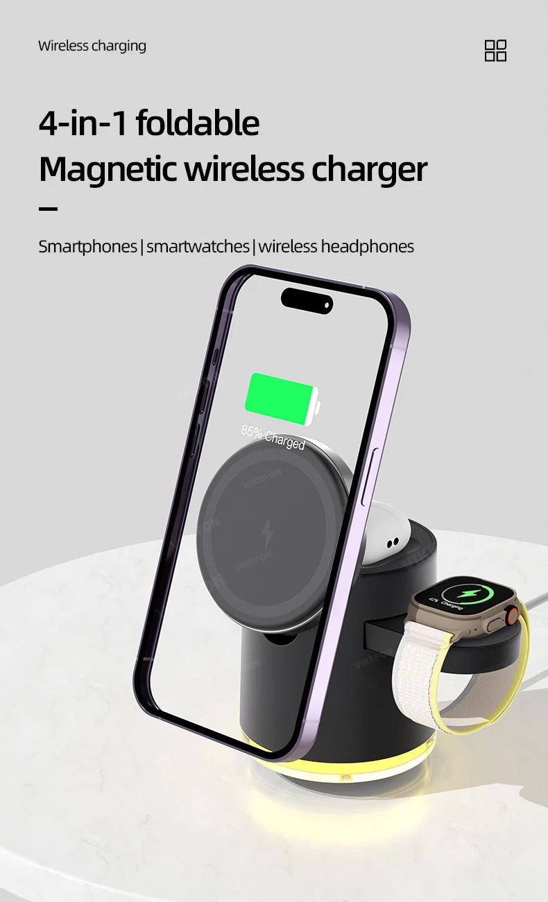 Cargador inalámbrico 4 en 1 QI2, base de carga rápida, luz nocturna para Magsafe iPhone 16 15 14 Pro Max Airpods Pro 2-8 Apple Watch