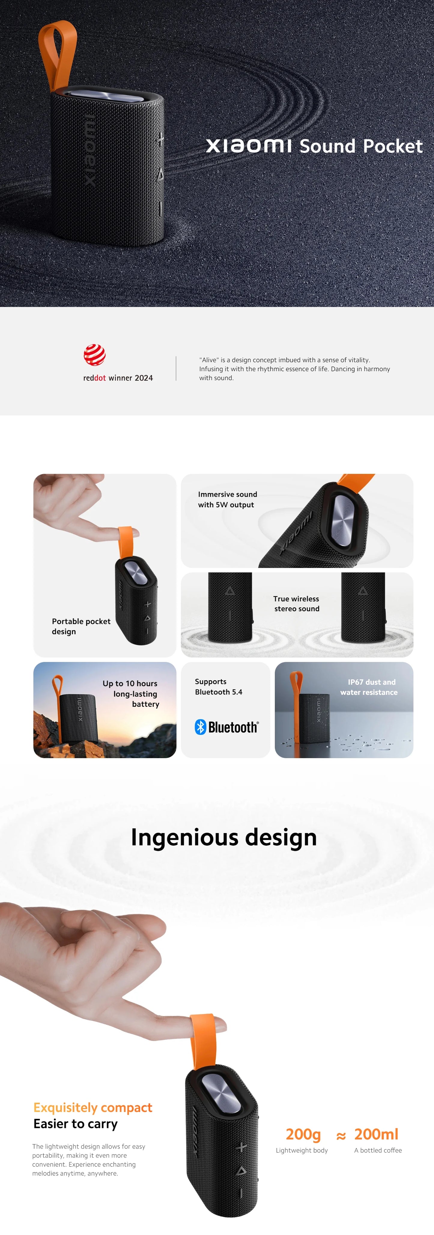 Xiaomi Sound Pocket IP67 Bluetooth 5,4 altavoz portátil TWS estéreo Bateria de 1000mAh, 10 horas de funcionamiento