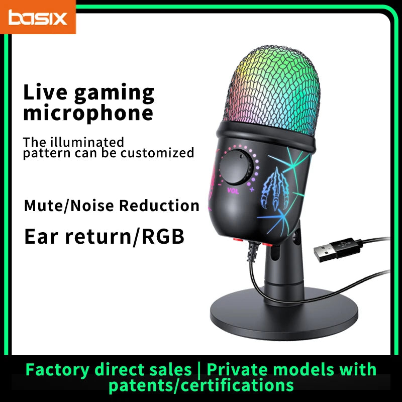Micrófono USB para juegos, micrófono para PC, Mac, PS4/5, micrófono de Podcast con Monitor silencioso RGB, reducción de ruido para grabar Streaming