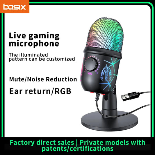 Micrófono USB para juegos, micrófono para PC, Mac, PS4/5, micrófono de Podcast con Monitor silencioso RGB, reducción de ruido para grabar Streaming