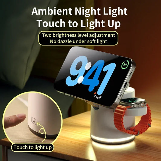 Cargador inalámbrico 4 en 1 QI2, base de carga rápida, luz nocturna para Magsafe iPhone 16 15 14 Pro Max Airpods Pro 2-8 Apple Watch