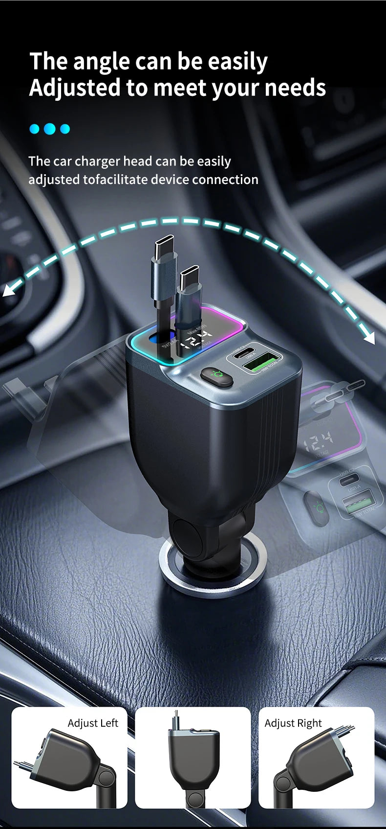 Cargador de coche escalable Cargador de coche de carga rápida 4 en 1 con cable retráctil de 72 W y puerto USB PD65W compatible con adaptador tipo C