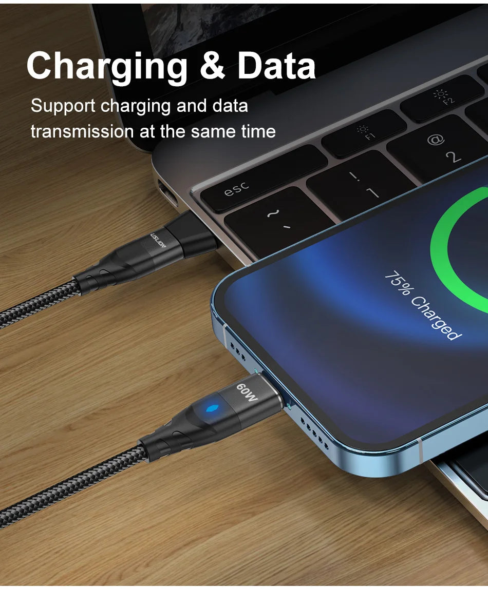 USLION 60W PD Cable cargador rápido USB C a tipo C Cable de datos micro magnético 3A Cable USB para iPhone 13 Macbook Huawei Samsung S22