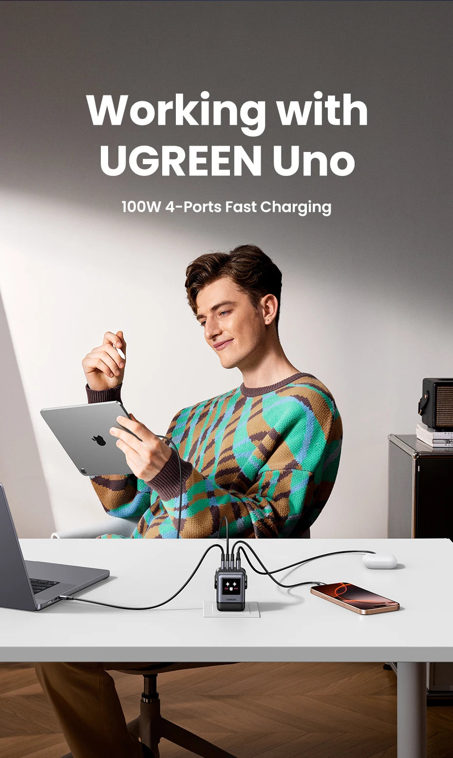 Cargador Robot Uno 100W GaN, cargador QC4.0 3,0 PPS para iPhone 16, 15, 14 Pro, Macbook, tableta, carga rápida