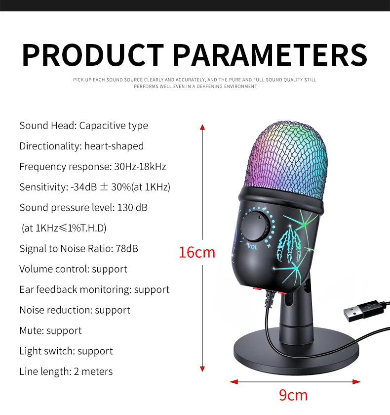 Micrófono USB para juegos, micrófono para PC, Mac, PS4/5, micrófono de Podcast con Monitor silencioso RGB, reducción de ruido para grabar Streaming