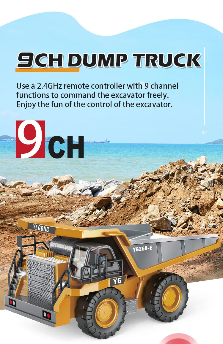 Camión volquete de aleación 1:24 9CH RC, vehículo de ingeniería, carretilla elevadora, excavadora pesada, coche de Control remoto, juguetes para niños, regalos