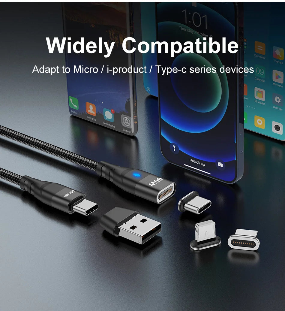 USLION 60W PD Cable cargador rápido USB C a tipo C Cable de datos micro magnético 3A Cable USB para iPhone 13 Macbook Huawei Samsung S22