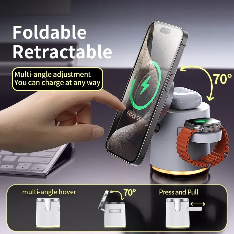 Cargador inalámbrico 4 en 1 QI2, base de carga rápida, luz nocturna para Magsafe iPhone 16 15 14 Pro Max Airpods Pro 2-8 Apple Watch