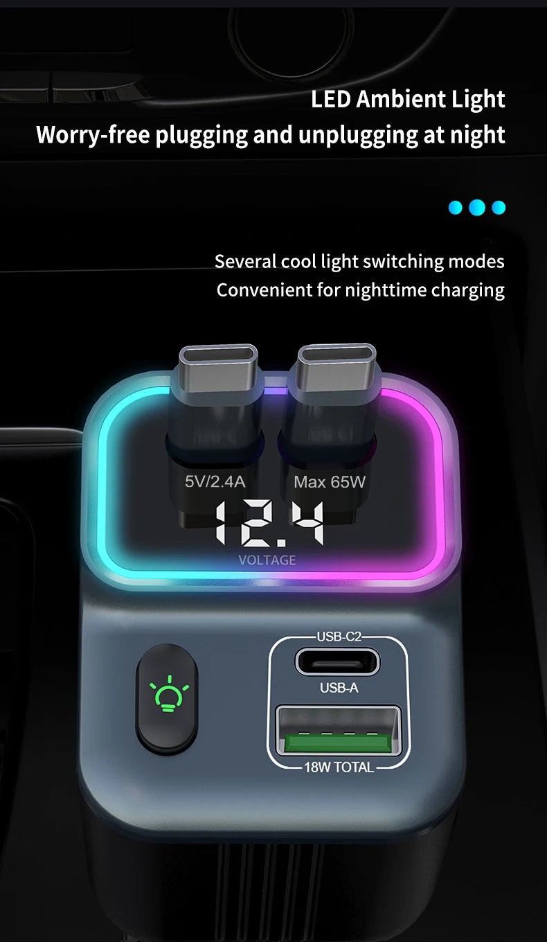 Cargador de coche escalable Cargador de coche de carga rápida 4 en 1 con cable retráctil de 72 W y puerto USB PD65W compatible con adaptador tipo C
