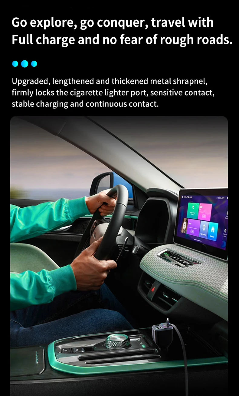 Cargador de coche escalable Cargador de coche de carga rápida 4 en 1 con cable retráctil de 72 W y puerto USB PD65W compatible con adaptador tipo C