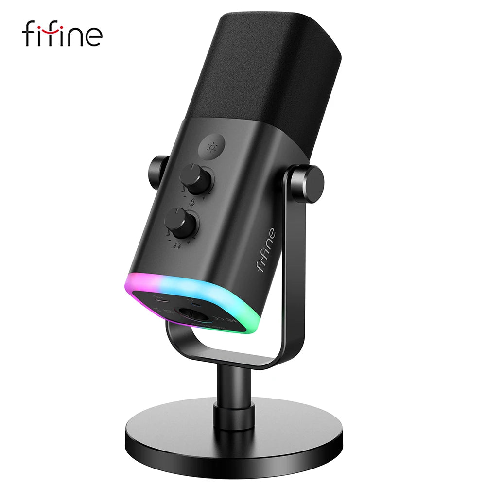 Micrófono dinámico FIFINE USB/XLR con Control RGB/conector para auriculares/mú, micrófono para grabación de Streaming AmpliGame-AM8
