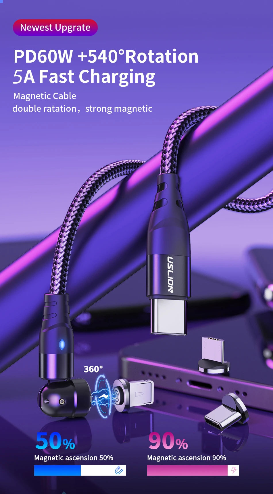 USLION 60W PD Cable cargador rápido USB C a tipo C Cable de datos micro magnético 3A Cable USB para iPhone 13 Macbook Huawei Samsung S22