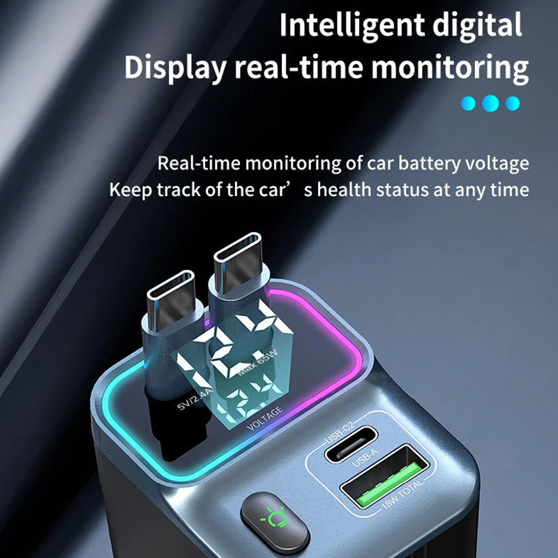 Cargador de coche escalable Cargador de coche de carga rápida 4 en 1 con cable retráctil de 72 W y puerto USB PD65W compatible con adaptador tipo C