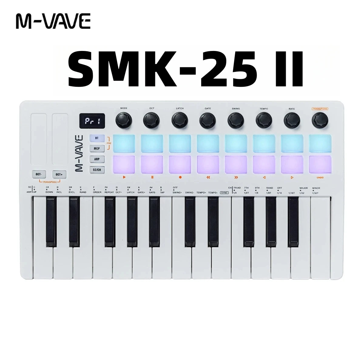 Controlador MIDI Teclado USB Mini 25 teclas, 16 almohadillas de batería RGB, 8 perillas y producción musical, software incluido, M-VAVE SMK-25 II