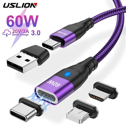 USLION 60W PD Cable cargador rápido USB C a tipo C Cable de datos micro magnético 3A Cable USB para iPhone 13 Macbook Huawei Samsung S22