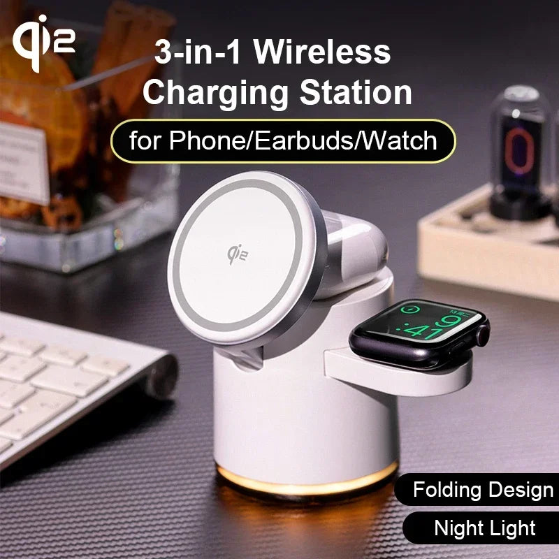 Cargador inalámbrico 4 en 1 QI2, base de carga rápida, luz nocturna para Magsafe iPhone 16 15 14 Pro Max Airpods Pro 2-8 Apple Watch