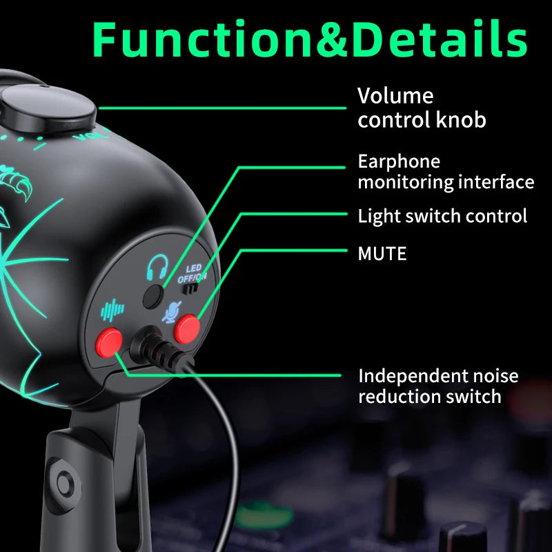 Micrófono USB para juegos, micrófono para PC, Mac, PS4/5, micrófono de Podcast con Monitor silencioso RGB, reducción de ruido para grabar Streaming
