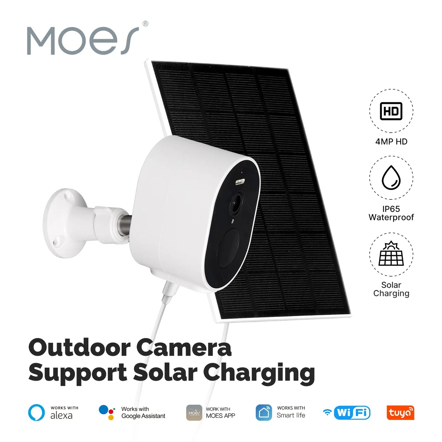 Cámara de seguridad HD inteligente carga Solar IP65 impermeable a todo Color visión nocturna funciona con Alexa Google Home, MOES Tuya WiFi 4MP HD