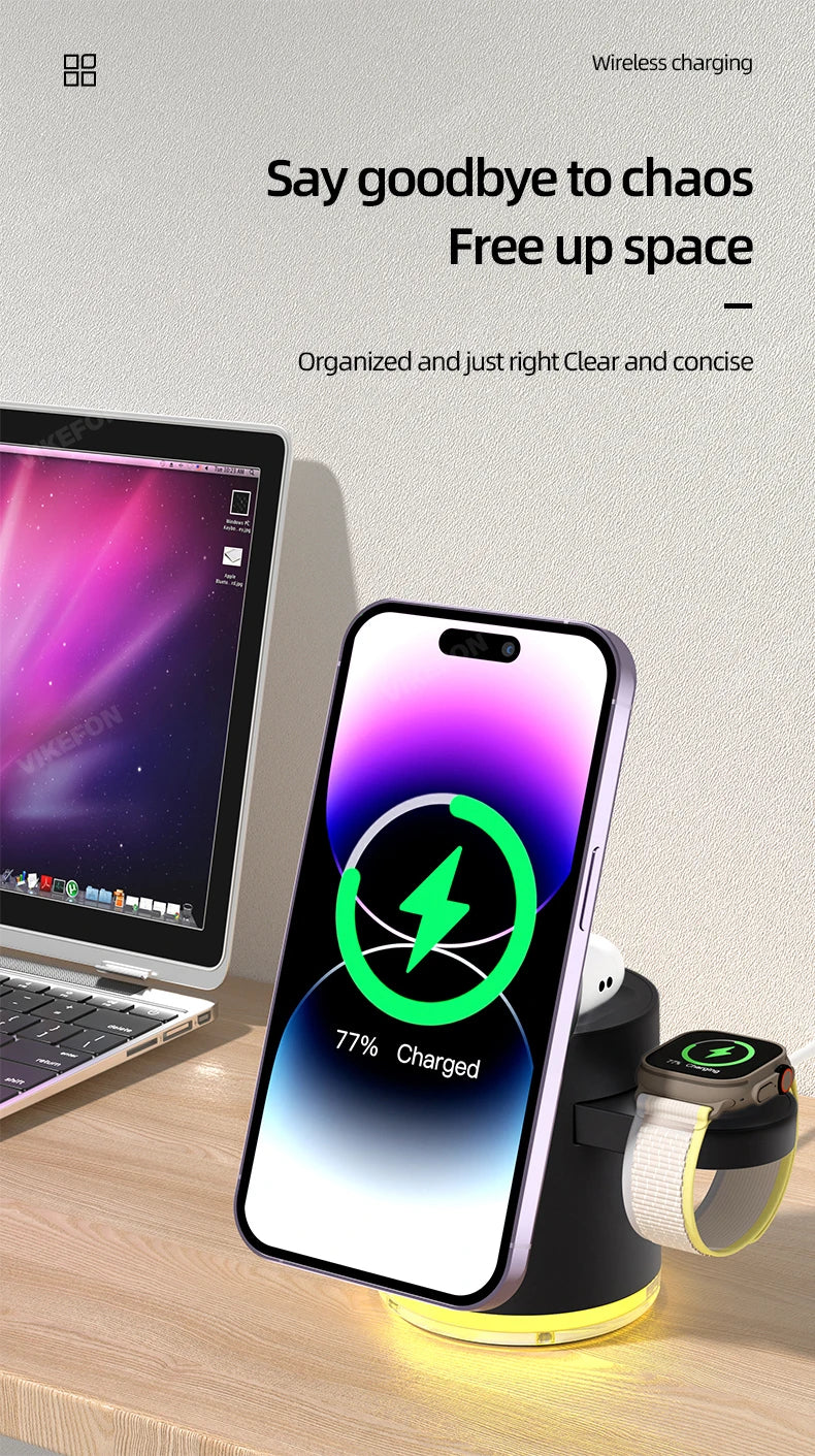 Cargador inalámbrico 4 en 1 QI2, base de carga rápida, luz nocturna para Magsafe iPhone 16 15 14 Pro Max Airpods Pro 2-8 Apple Watch