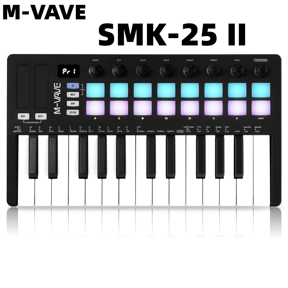 Controlador MIDI Teclado USB Mini 25 teclas, 16 almohadillas de batería RGB, 8 perillas y producción musical, software incluido, M-VAVE SMK-25 II