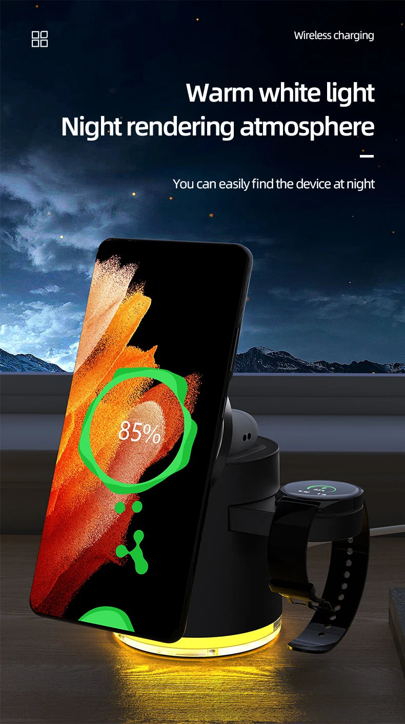 Cargador inalámbrico 4 en 1 QI2, base de carga rápida, luz nocturna para Magsafe iPhone 16 15 14 Pro Max Airpods Pro 2-8 Apple Watch