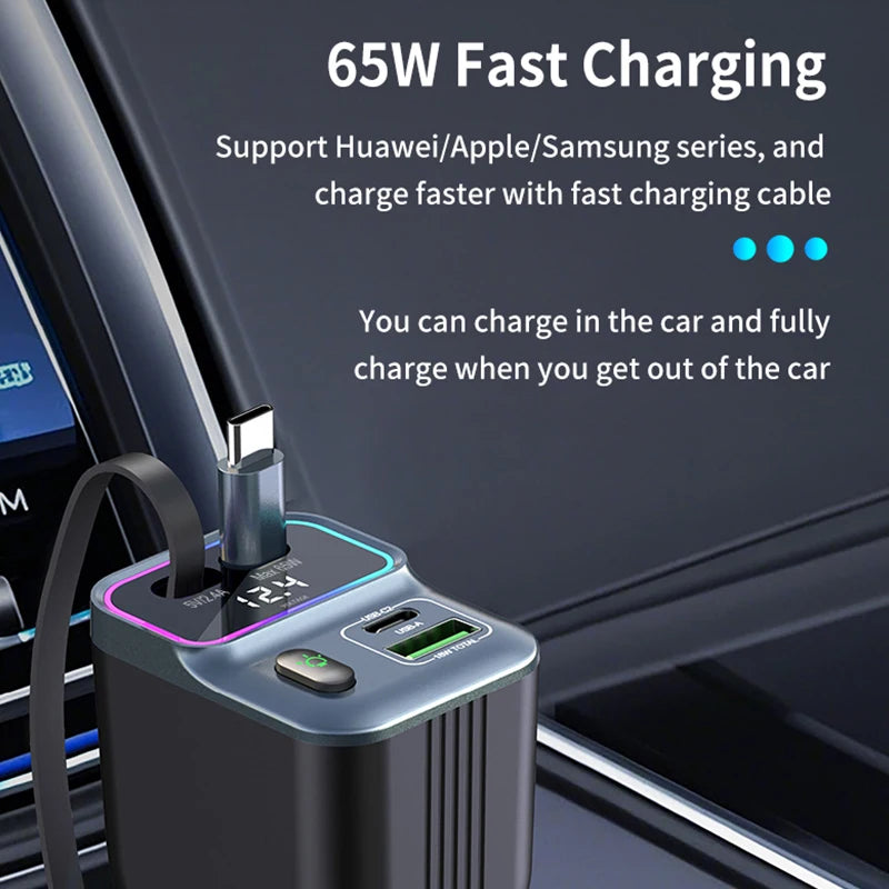 Cargador de coche escalable Cargador de coche de carga rápida 4 en 1 con cable retráctil de 72 W y puerto USB PD65W compatible con adaptador tipo C