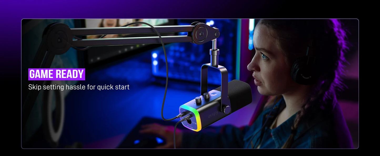 Micrófono dinámico FIFINE USB/XLR con Control RGB/conector para auriculares/mú, micrófono para grabación de Streaming AmpliGame-AM8