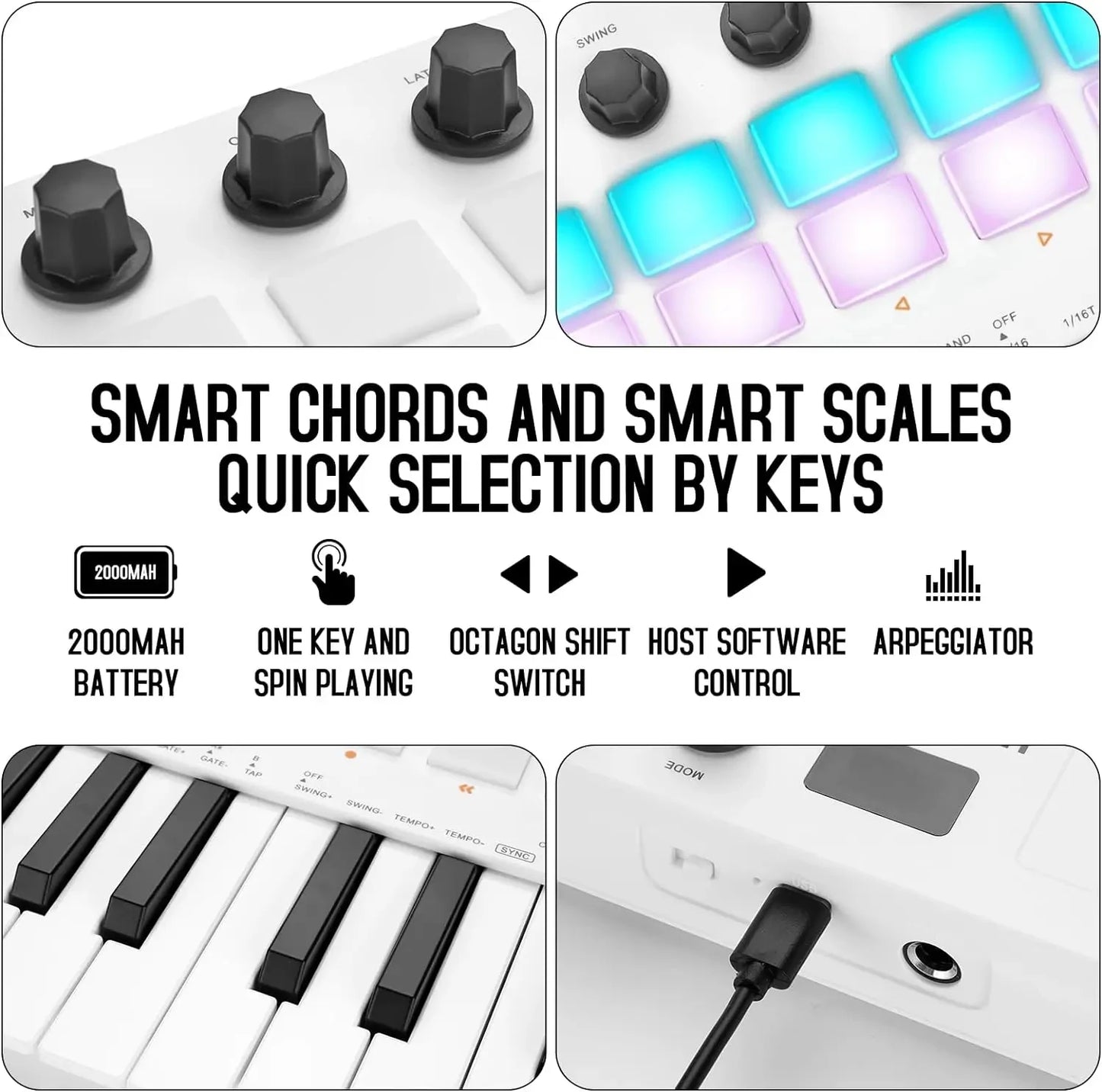 Controlador MIDI Teclado USB Mini 25 teclas, 16 almohadillas de batería RGB, 8 perillas y producción musical, software incluido, M-VAVE SMK-25 II
